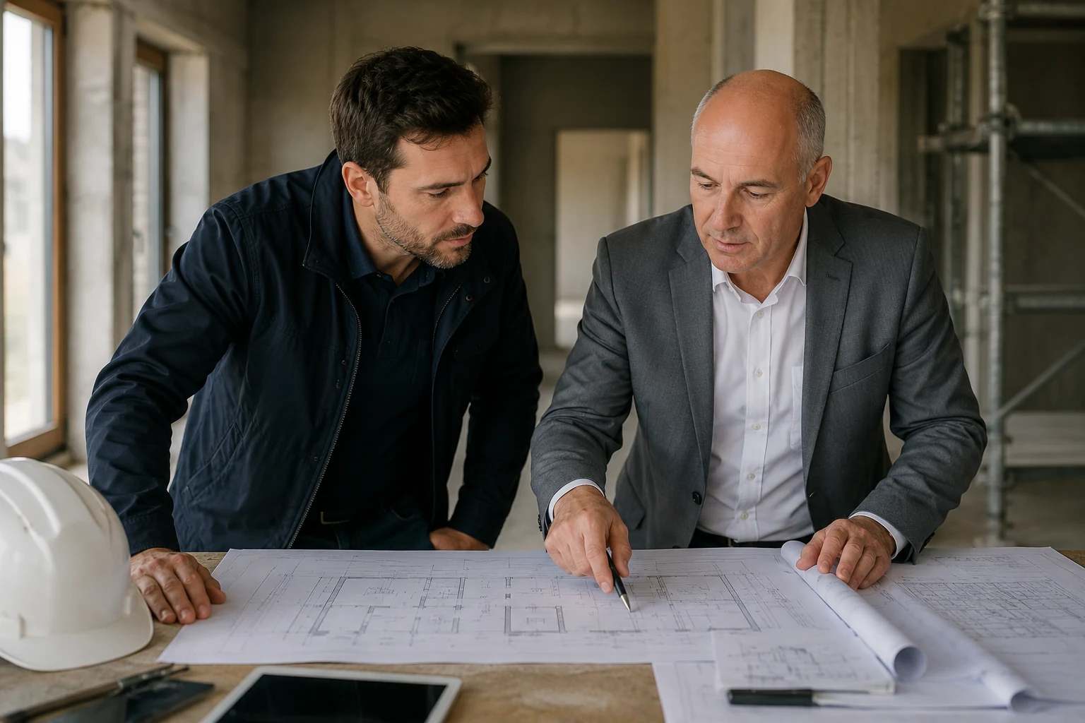 Andreas Jähne bei der technischen Projektbesprechung auf einer Baustelle mit Bauplänen und Bauherr